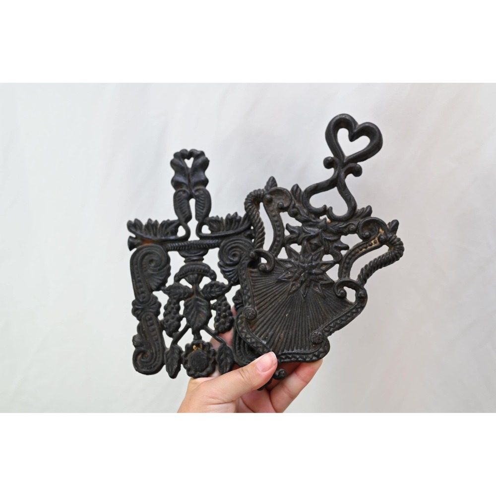 Vintage Cast Iron Trivets Set of Two Wilton Black Metal Heart Grape Hot Plates